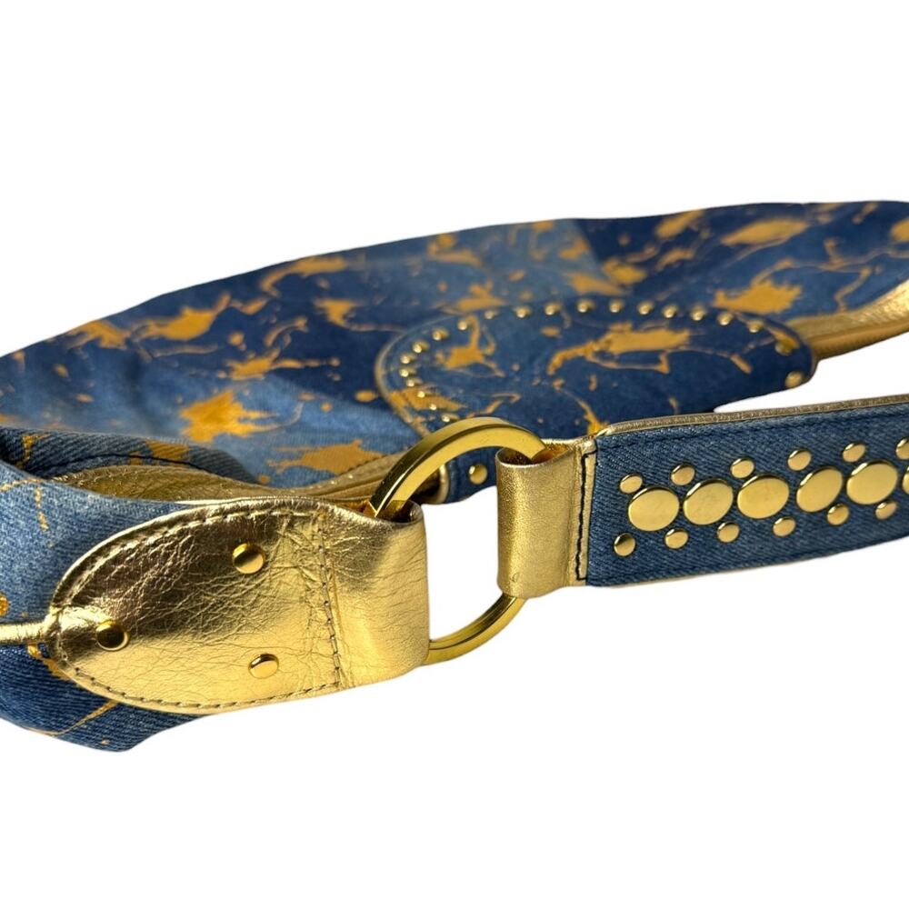 Y2K Denim & Gold Metallic Shoulder Bag Boho Glam Streetwear Purse - Picture 6 of 16